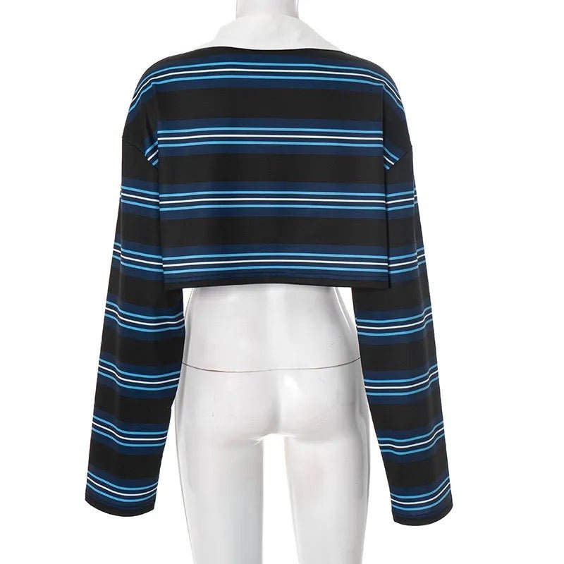 Autumn Loose Striped Polo Collar Long Sleeve Top - Styledbyblazz