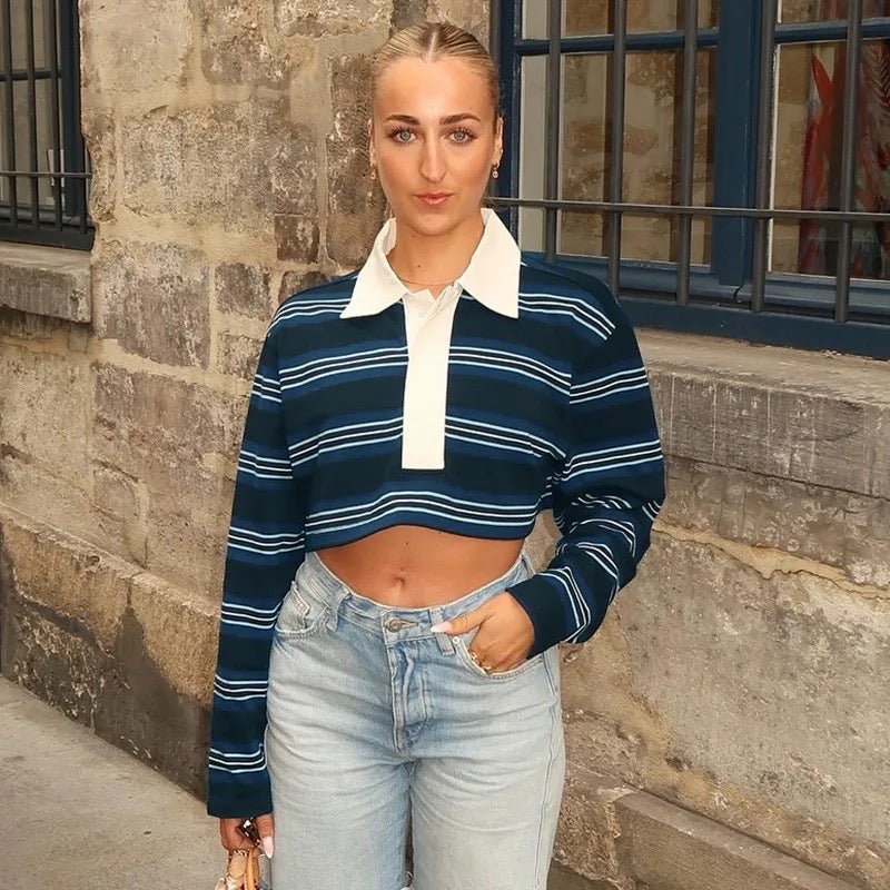 Autumn Loose Striped Polo Collar Long Sleeve Top - Styledbyblazz