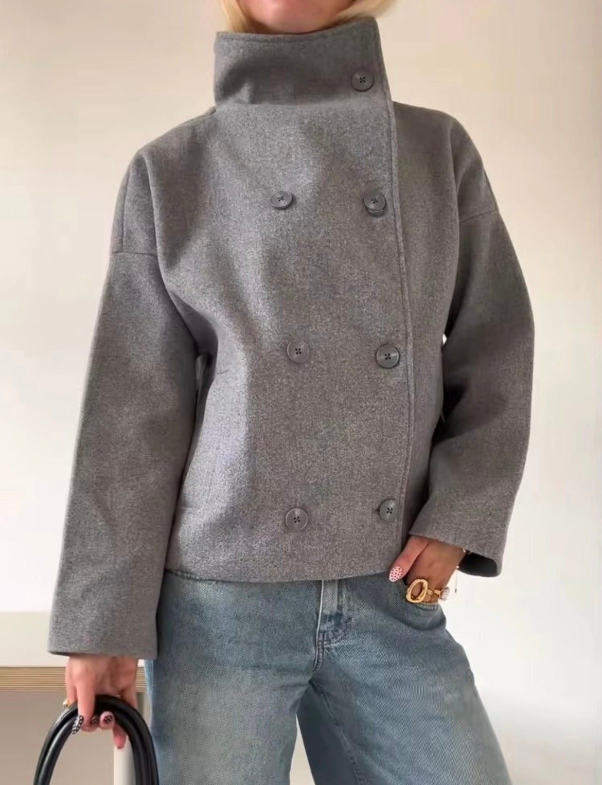 Plain Color Tweed Double-breasted pea Coat - Styledbyblazz