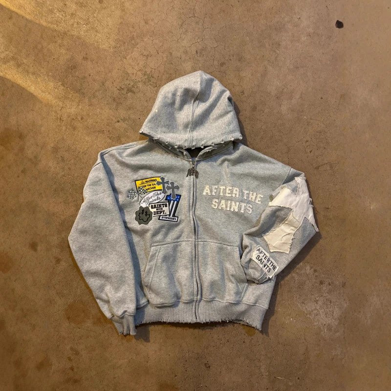 After the Saints grey V2 patchwork zip-up hoodie