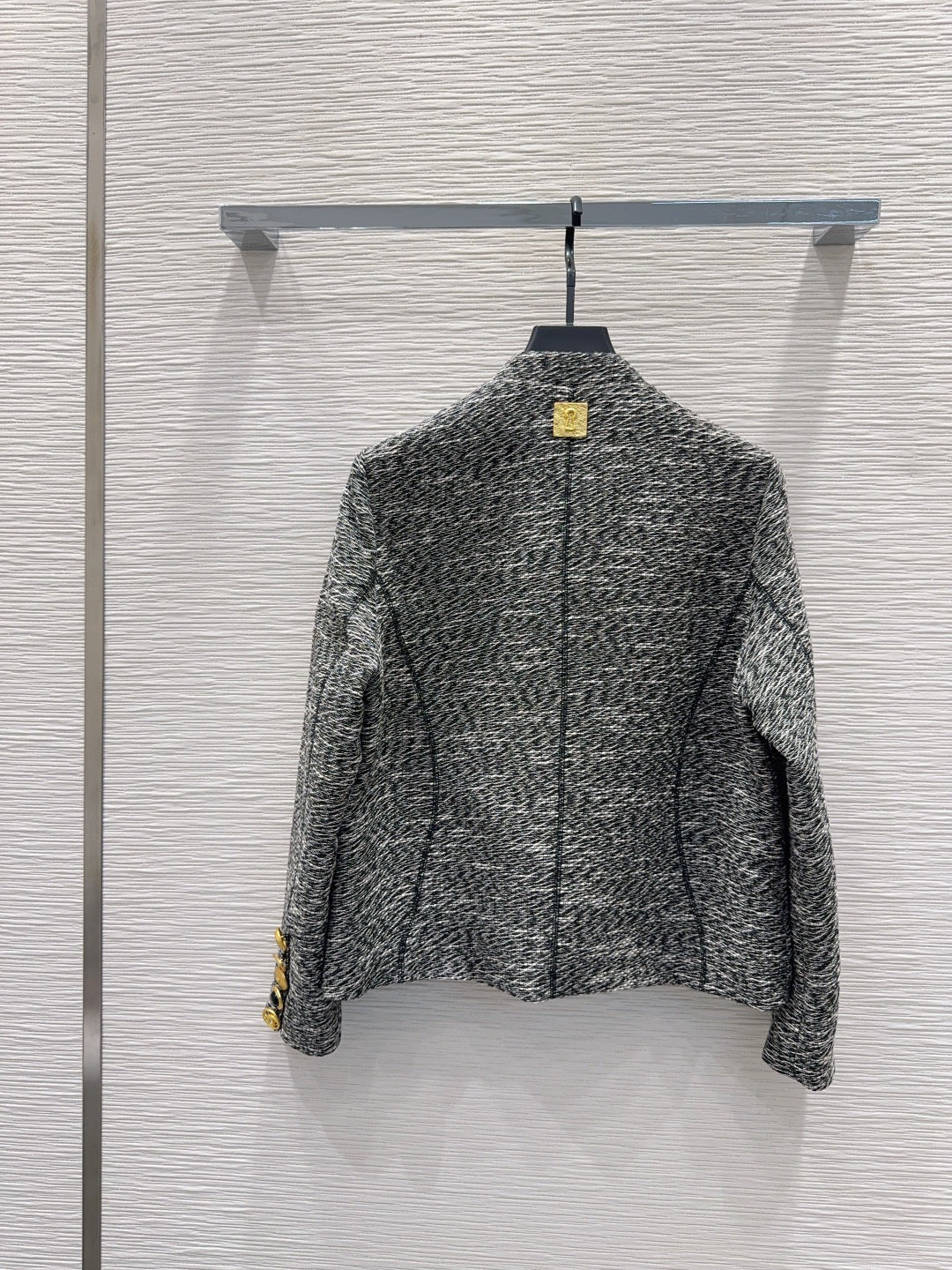 Cardigan Jacket in heathered grey jersey enhanced with distinctive gold-tone anatomical snap buttons