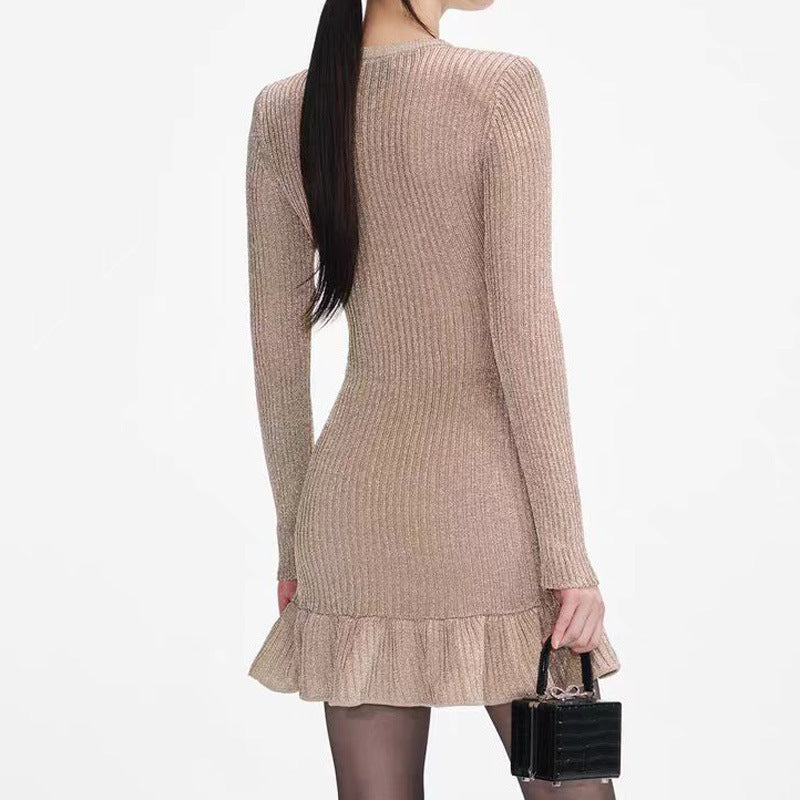 Ribbed Knit Ruffle-Hem Dress in Blush