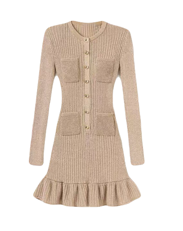 Ribbed Knit Ruffle-Hem Dress in Blush