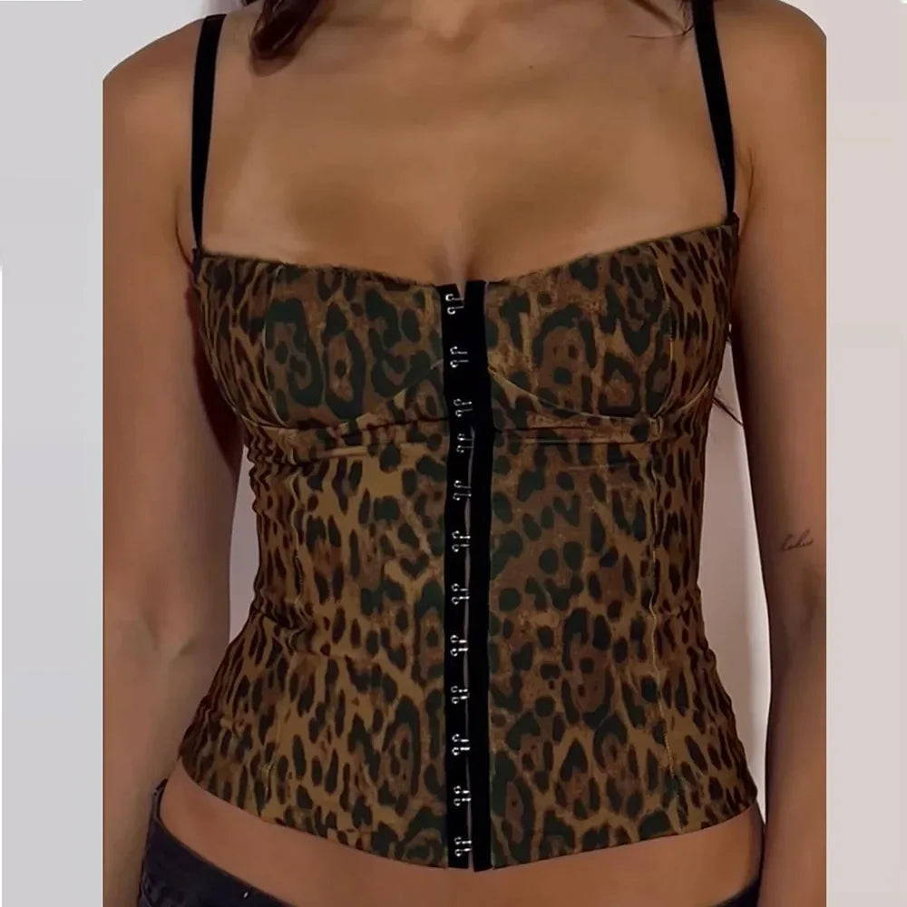 Webbing Breasted Sleeveless Hollowed Leopard Print Backless