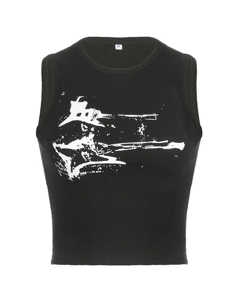 Guitar Print Sleeveless Tank Top Y2K