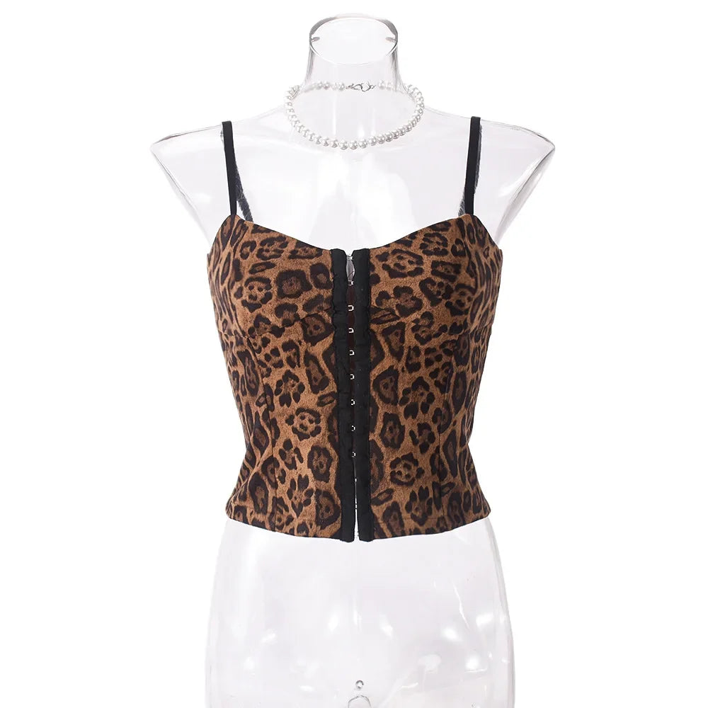 Webbing Breasted Sleeveless Hollowed Leopard Print Backless