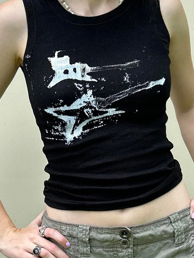 Guitar Print Sleeveless Tank Top Y2K
