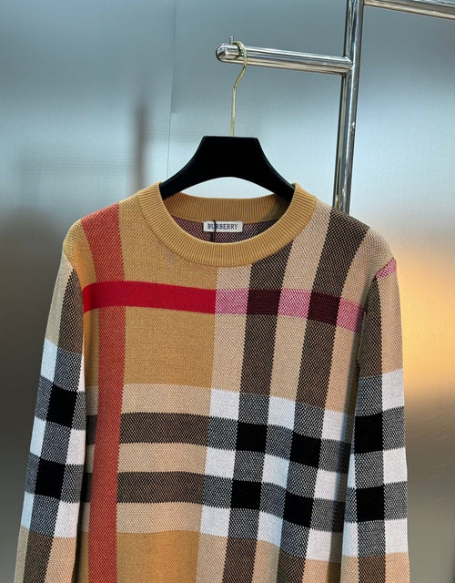 archive beige check jacquard merino wool crewneck sweater - Styledbyblazz