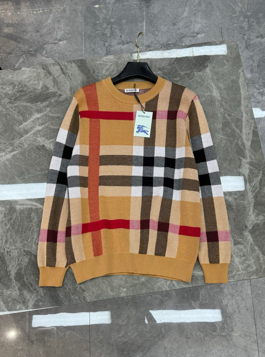archive beige check jacquard merino wool crewneck sweater - Styledbyblazz