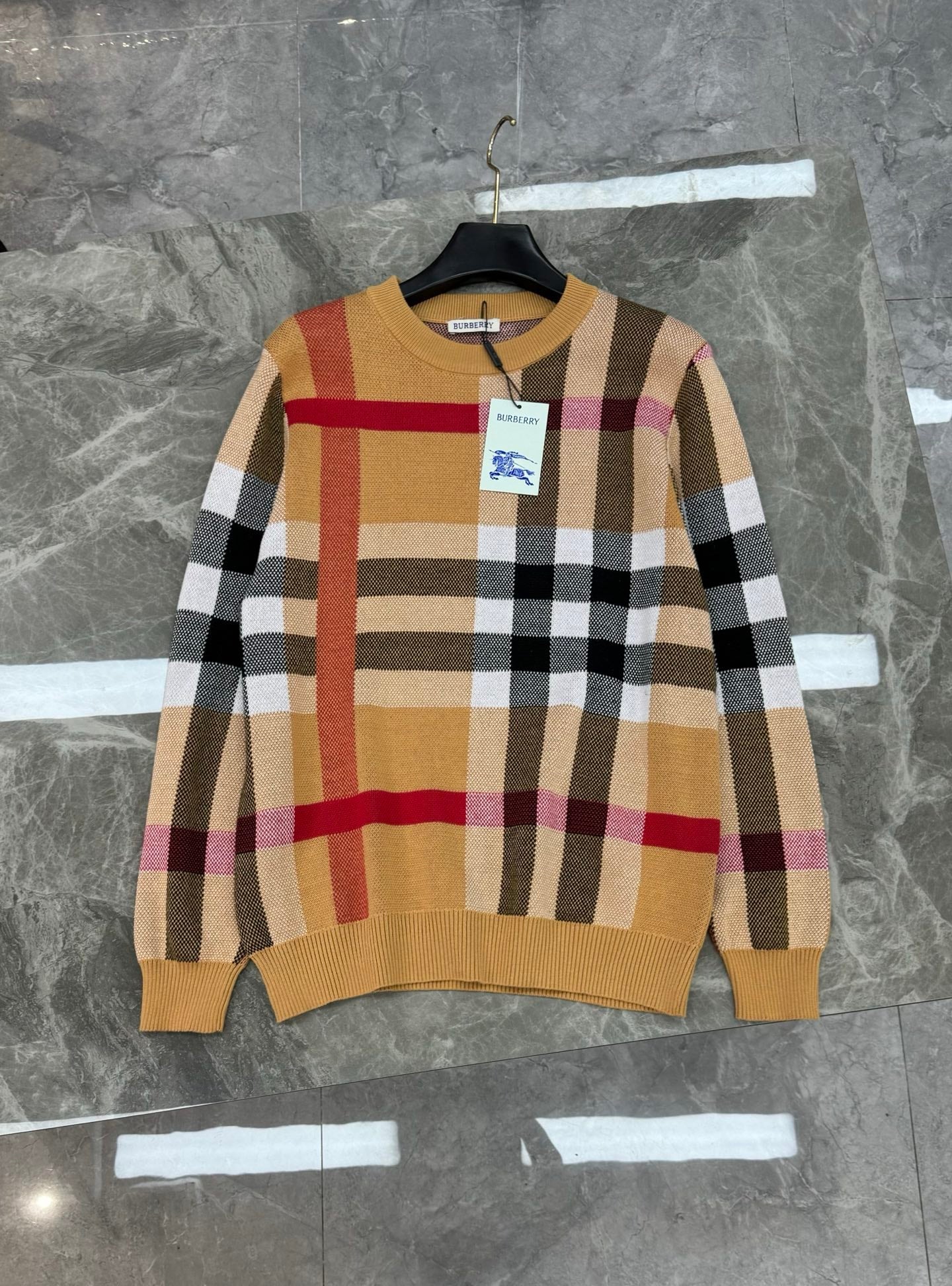 archive beige check jacquard merino wool crewneck sweater - Styledbyblazz