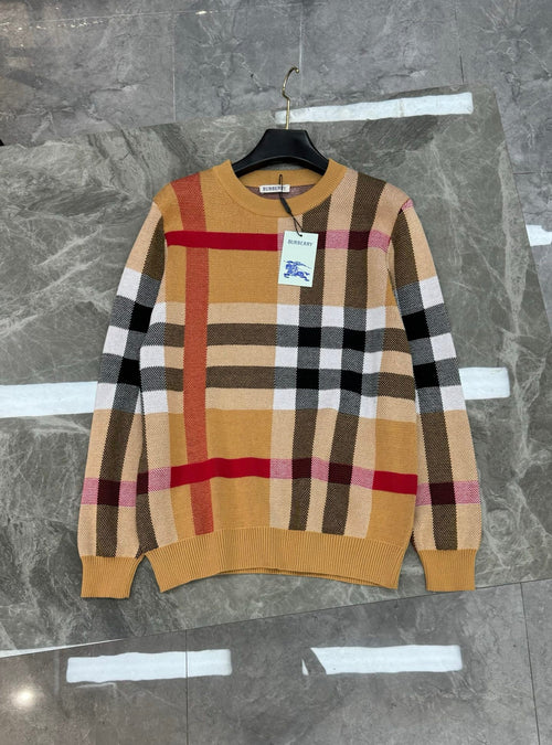 archive beige check jacquard merino wool crewneck sweater - Styledbyblazz