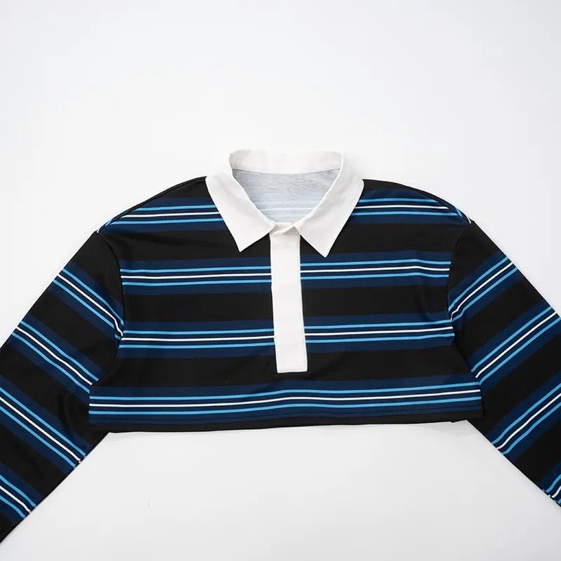 Autumn Loose Striped Polo Collar Long Sleeve Top - Styledbyblazz