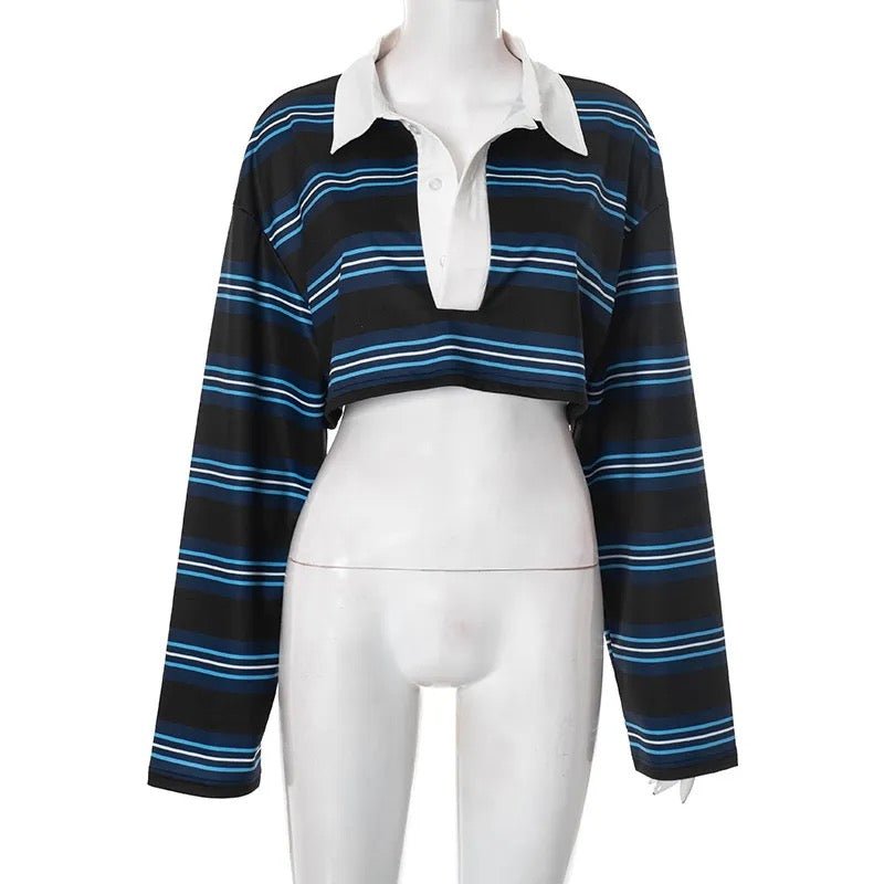Autumn Loose Striped Polo Collar Long Sleeve Top - Styledbyblazz