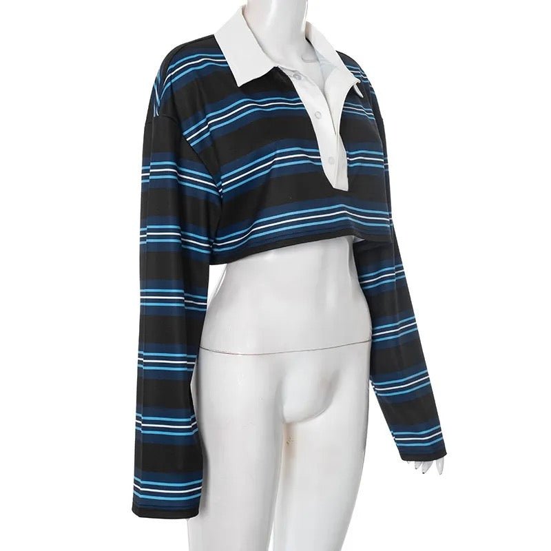 Autumn Loose Striped Polo Collar Long Sleeve Top - Styledbyblazz