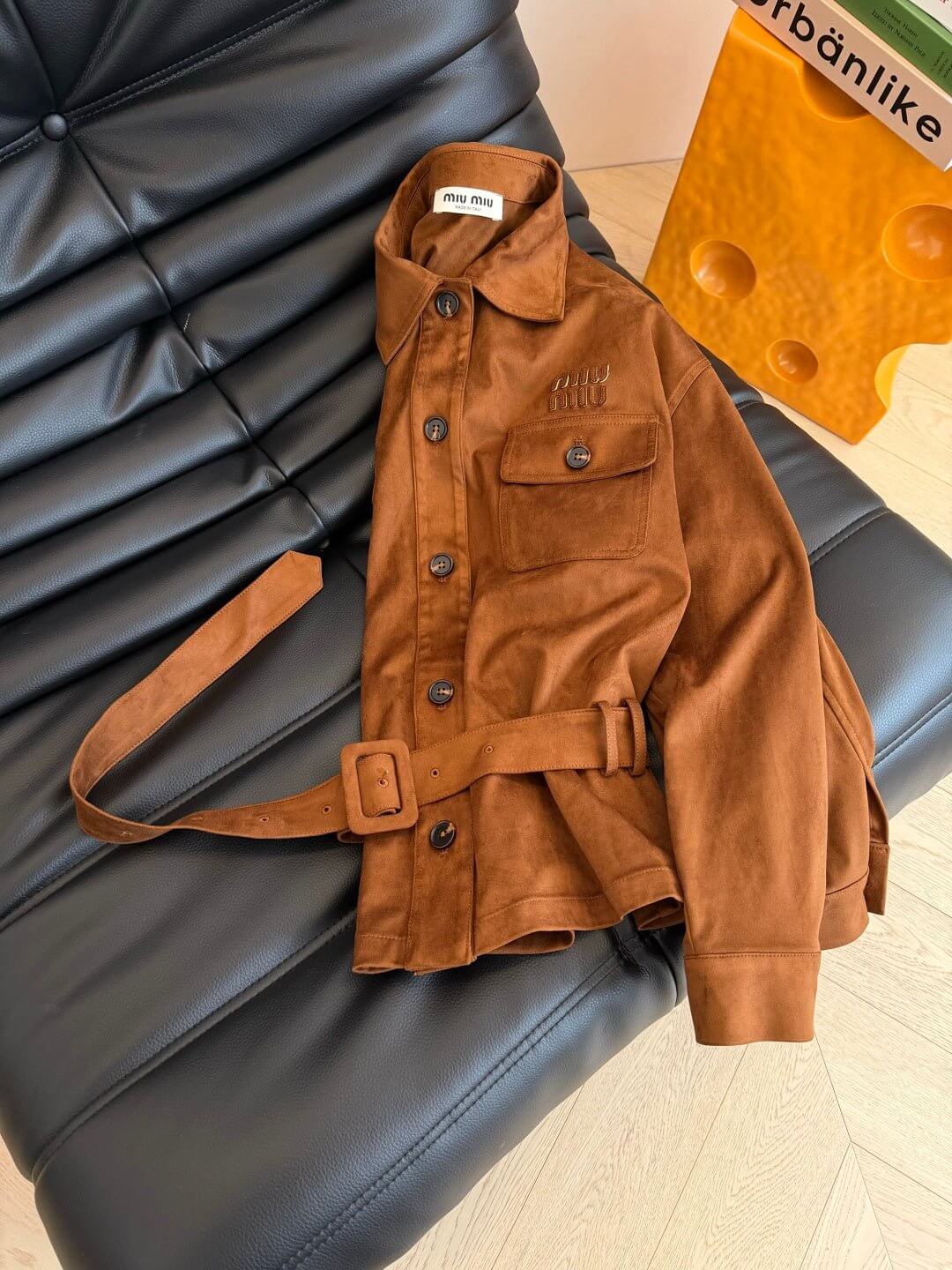 brown suede belted jacket by Miu Miu - Styledbyblazz