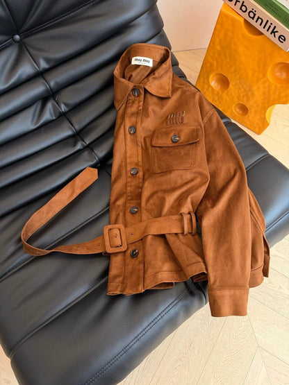 brown suede belted jacket by Miu Miu - Styledbyblazz