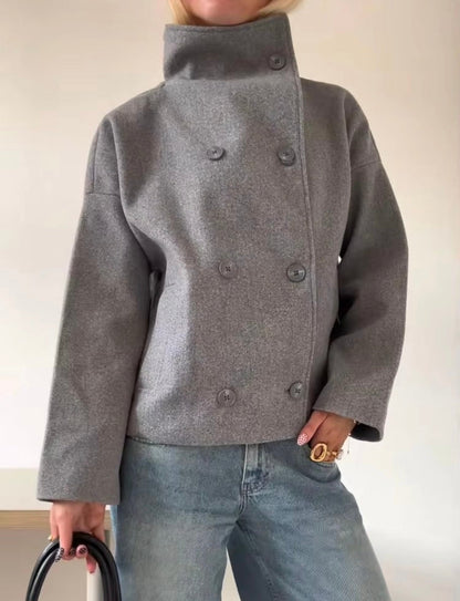 Plain Color Tweed Double-breasted pea Coat - Styledbyblazz